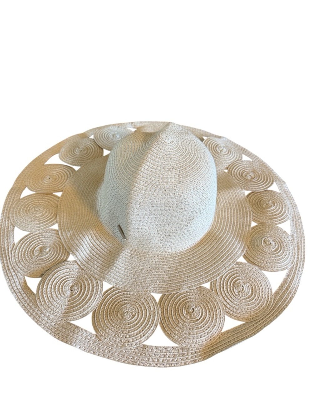 Amiani Cream Straw Sun Hat Wide Brim Circular Cutout Boho Vacation Ultra Floppy
